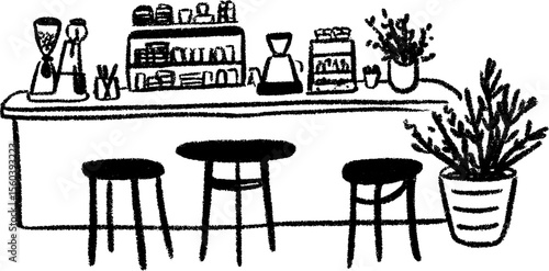 Minimalist café interior sketch with black accents for modern design concepts