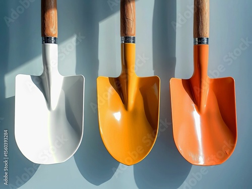 Colorful garden shovels arranged in a row against a soft gradient background