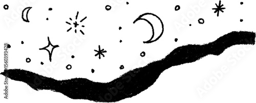 Whimsical moon and stars sketch with crescent border for celestial design