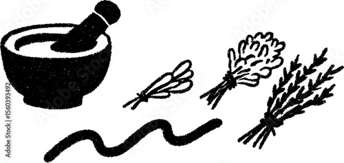 Herbal medicine concept with mortar and pestle sketch for natural healing themes