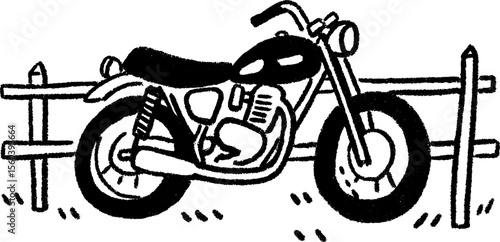 Sketch of classic motorbike parked by roadside fence with rail