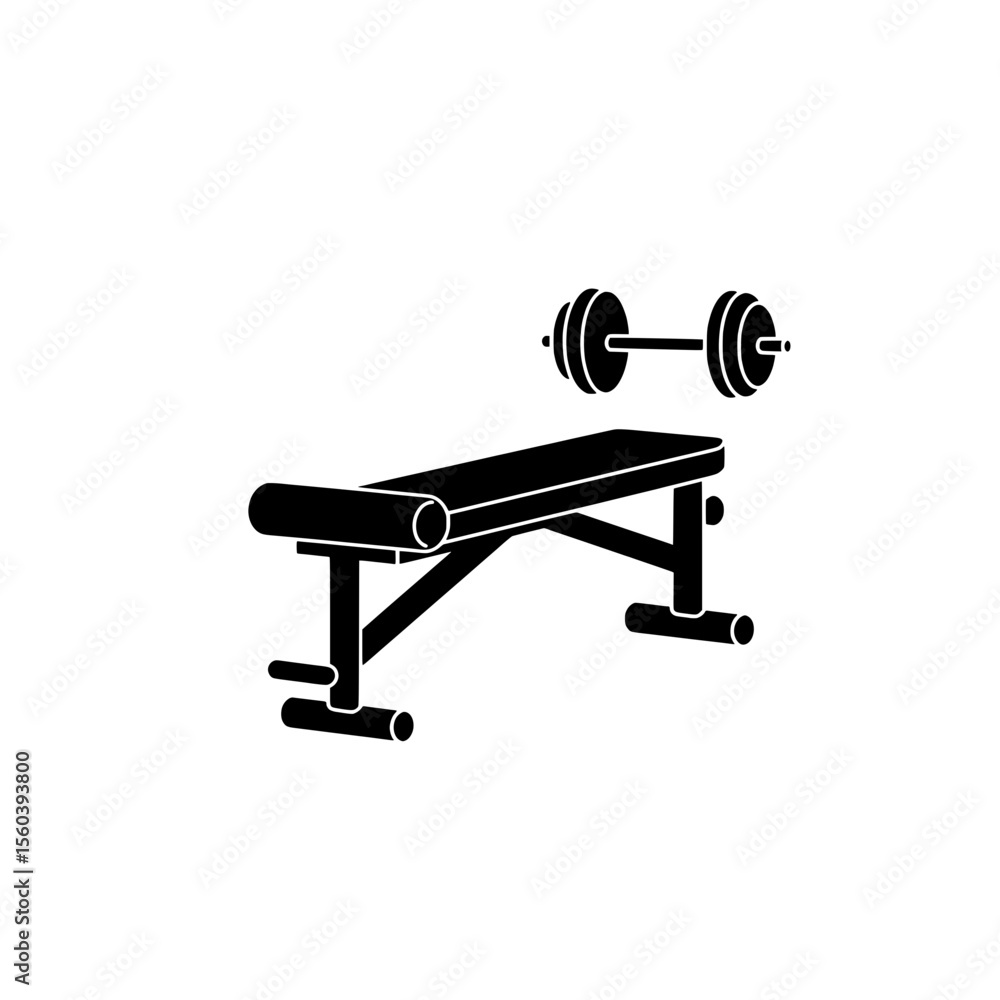 Naklejka premium Weight Bench and Barbell: A minimalist silhouette of a weight bench and barbell, showcasing a sleek design. Ideal for fitness, strength training and workout representations.