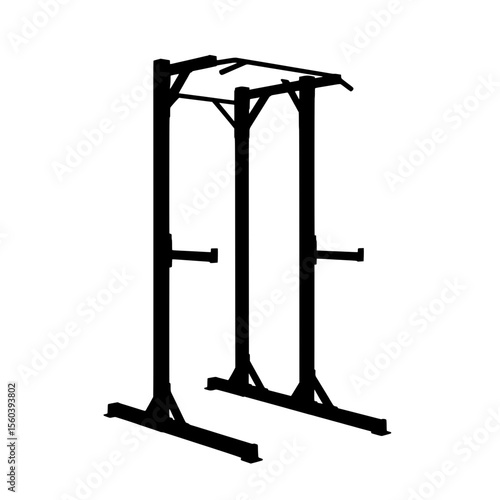 Training Apparatus Silhouette: A minimalist monochrome silhouette of a robust power rack and pull-up station, conveying strength, discipline, and the essence of physical training.