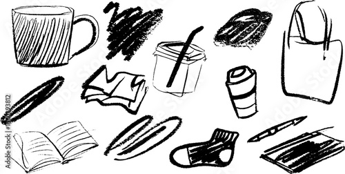 Creative sketch collection featuring mug, notepad, and shirt for artistic inspiration