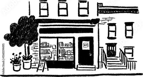 Urban sketch of newsstand in bustling street setting