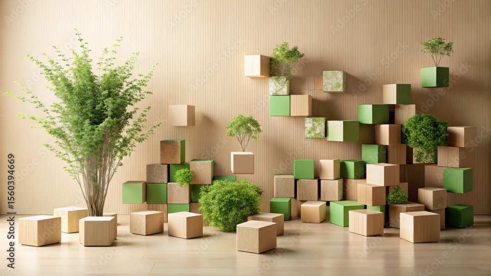 Serene Minimalist Room Decor Featuring a Collection of Wooden Cubes and Lush Greenery Serene Minimalist Room Decor Featuring a Collection of Wooden Cubes and Lush Greenery