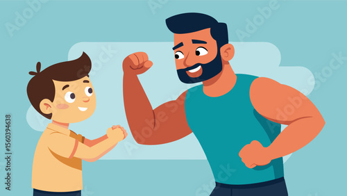 A father playfully teasing his son about how he is a hunk and encouraging him to own his good looks.. Vector illustration
