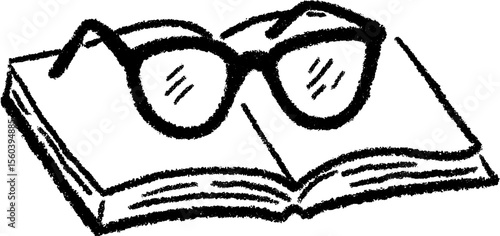 Hand drawn sketch of reading glasses resting on an open book for educational design