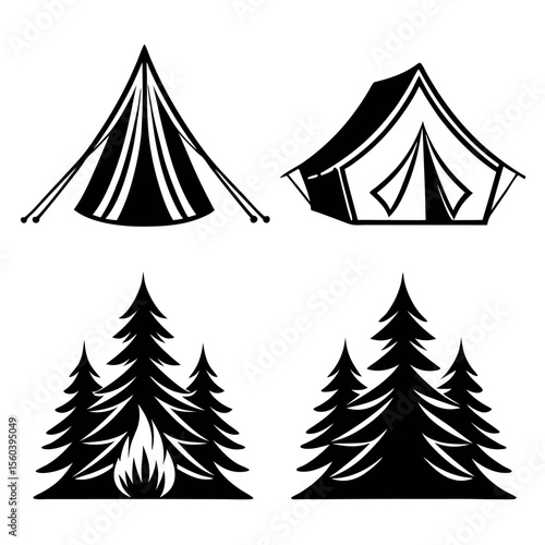 Camping icons featuring tents and pine trees with campfire isolated on white background