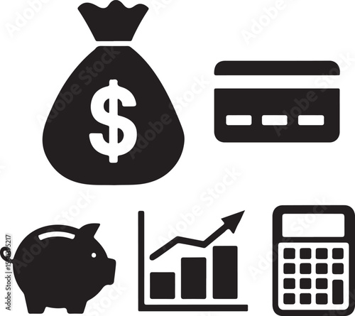 Black and white financial icons representing savings investment and wealth management