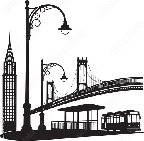 Black and white silhouette of new york city skyline with bridge and streetcar elements