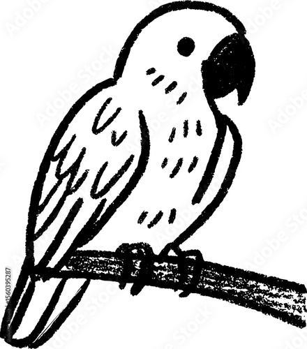 Calm parrot sketch on perch with black crayon texture for print design