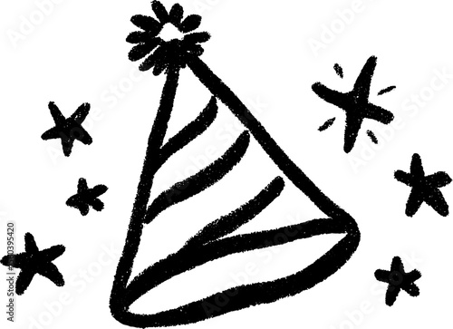 Whimsical party hat sketch with pom pom and stars for celebration design