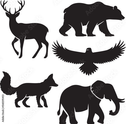 Silhouetted illustrations of wild animals including deer bear eagle fox and elephant