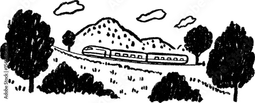 Scenic country train journey in sketchy style