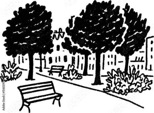 Urban pedestrian zone with stone benches and lush trees in hand drawn sketch