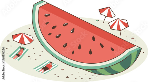 Illustration of a large watermelon slice on a beach with people sunbathing under striped umbrellas scene