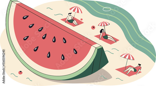 A watermelon slice on a beach with people relaxing under umbrellas and swimming in the ocean waves nearby