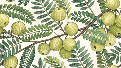 Vector illustration Phyllanthus emblica for printing on fabric or wallpaper.