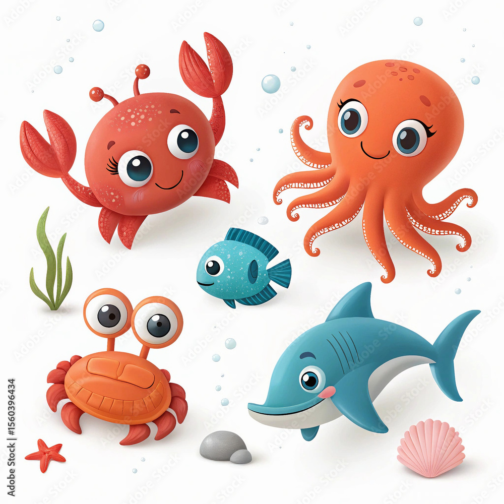 Naklejka premium Cute Cartoon Sea Animals Set. Isolated underwater creatures illustration collection including happy dolphin, crab, octopus, fish, and starfish.