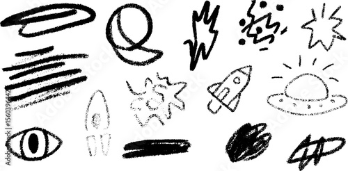 Space adventure doodles with planet, crescent moon, and rocket sketch