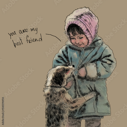 Girl playing with her dog, hand drawn illustration, best friends, child with pet