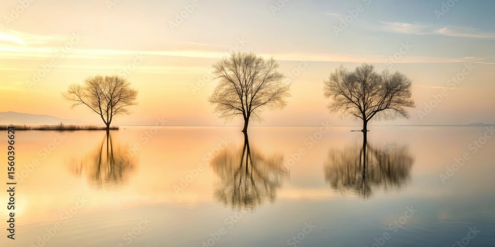 Fototapeta premium Serene Sunset Reflections Three Leafless Trees Mirror Themselves in Calm Waters at Dawn