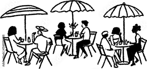 Charming urban plaza cafe with umbrellas and seated figures - perfect for design projects