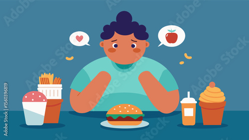 A person binging on unhealthy foods after days of restricting their eating unable to control their cravings due to extreme dieting.. Vector illustration