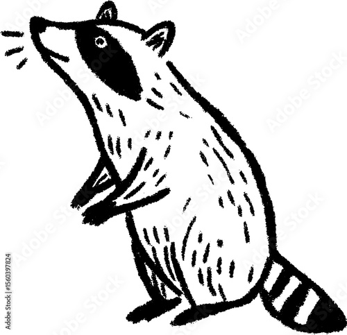 Playful sketch of a raccoon standing on hind legs with whiskers and stripes