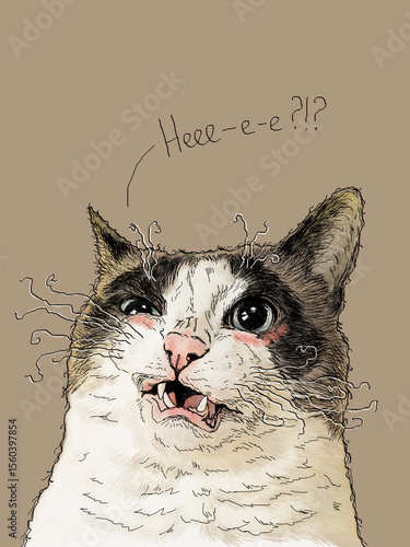 Poster with a funny cat, hand drawn, cat doesn't understand what's happening, shocked cat, funny animals, funny print