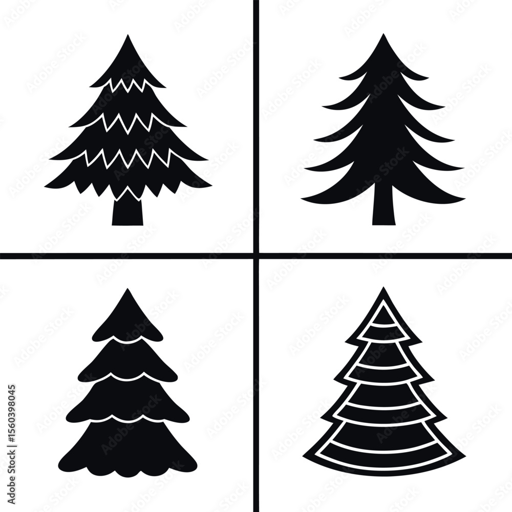 Obraz premium Four distinct black silhouette christmas trees isolated on white background