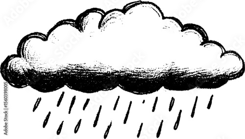 Monochrome rain cloud sketch with falling streaks for weather design