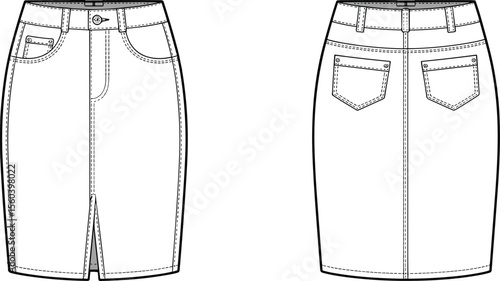 Pencil skirt fashion flat sketch, front and back view, high waist, pocket detail, technical cad vector clothing illustration design