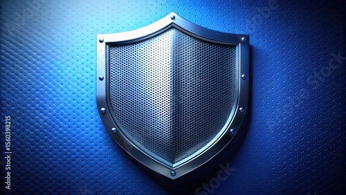 A metallic shield with a perforated surface, affixed to a textured blue backdrop, symbolizes steadfast protection and resilience against potential threats.