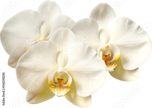 close up of white orchid flowers with yellow center isolated on white background PNG, AI GENERATED