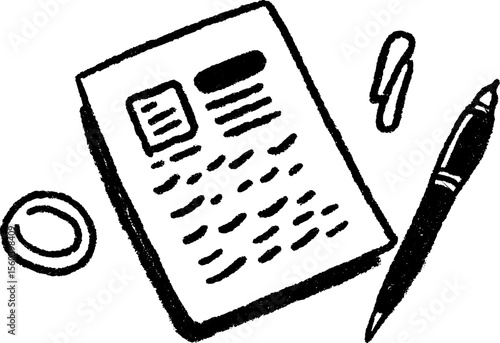 Hand drawn sketch of report card with pen and paperclip for educational design