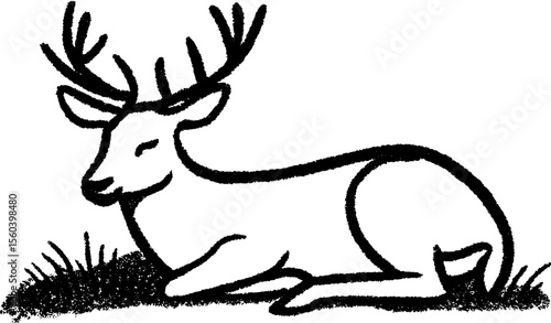 Resting deer sketch with folded legs on grass - calm nature scene for design