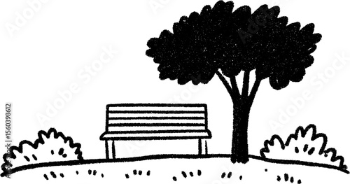 Serene roadside bench under large tree sketch for tranquility scenes