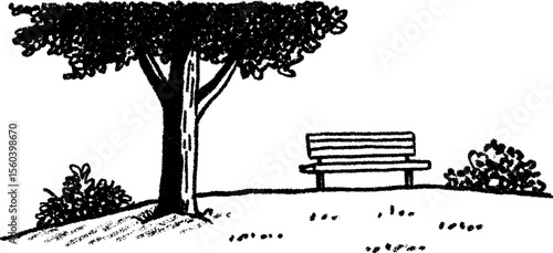 Peaceful roadside bench under a shady tree sketch