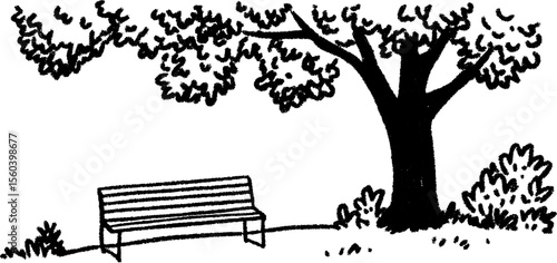 Serene roadside bench under a shaded tree sketch for tranquil design