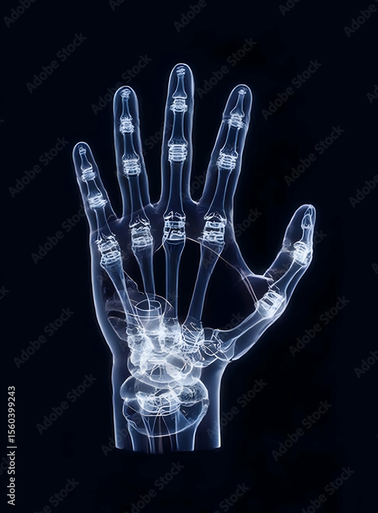 Naklejka premium X-ray image of a human hand showcasing the intricate bone structure and joints in detail.