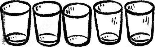 Hand drawn sketch of shot glasses in a row with textured black lines for bar decor