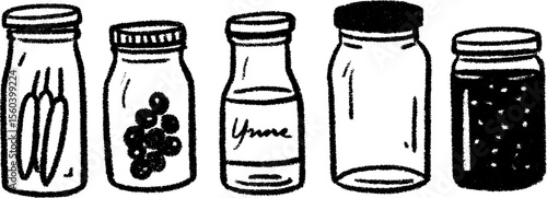 Hand drawn sketch of preserves and pickles in tall jars for kitchen decor