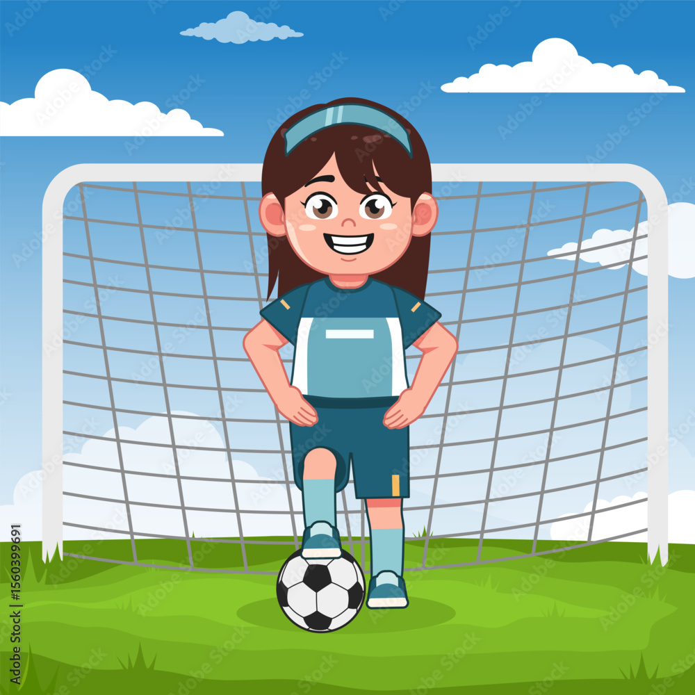Fototapeta premium Cute Girl Cartoon Character Playing Football Pose