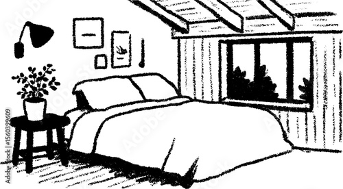 Rustic cabin bedroom sketch with cozy bed and blanket for interior design inspiration