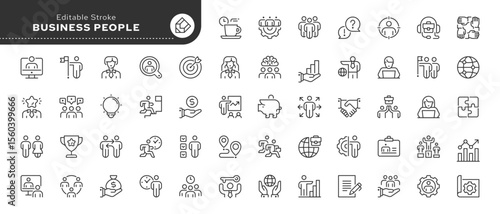 Business people line icon set. Work, office, worker, management, human resources, partner, partnership, team, workteam, businessman and more. Outline icon in linear style. Vector collection.