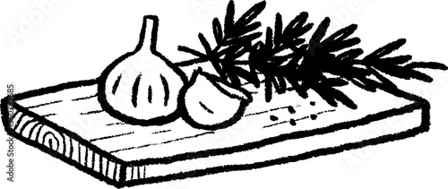 Rustic kitchen art sketch: chopping board with garlic and herbs