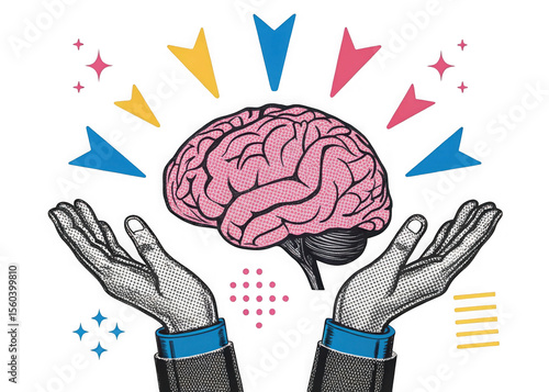 Creative idea concept with hands holding a pink brain and colorful abstract shapes isolated on transparent background