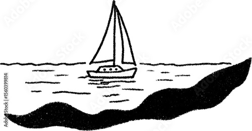 Sailboat on calm water with raised sail - nautical journey concept design